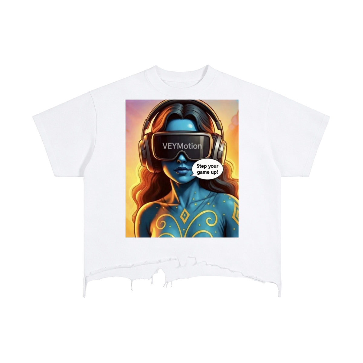 VEYMOTION  “Step your game up” Alumanora House Veyun Goddess Print, Galaxy Distressed Hem T-Shirt