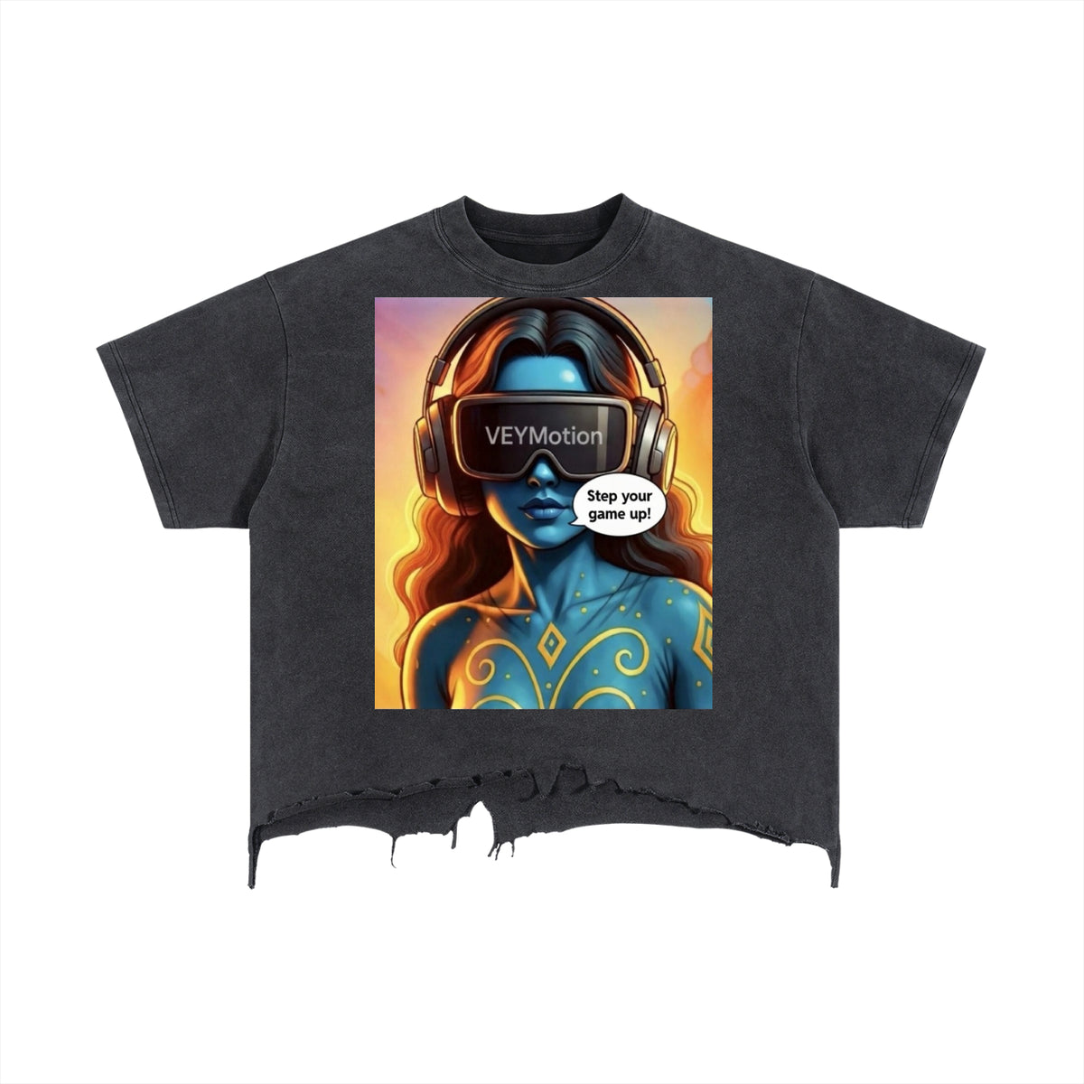 VEYMOTION  “Step your game up” Alumanora House Veyun Goddess Print, Galaxy Distressed Hem T-Shirt