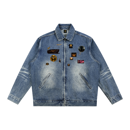 77 VV Luxury Retro Vintage Eclipse Washed Zip Up Denim Jacket